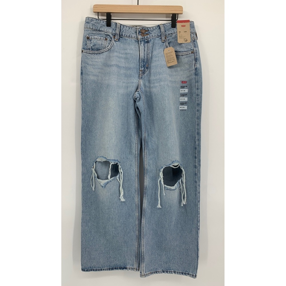 Levis Superlow Jeans Womens 32 Blue Distressed Loose Straight Leg Baggy NEW
